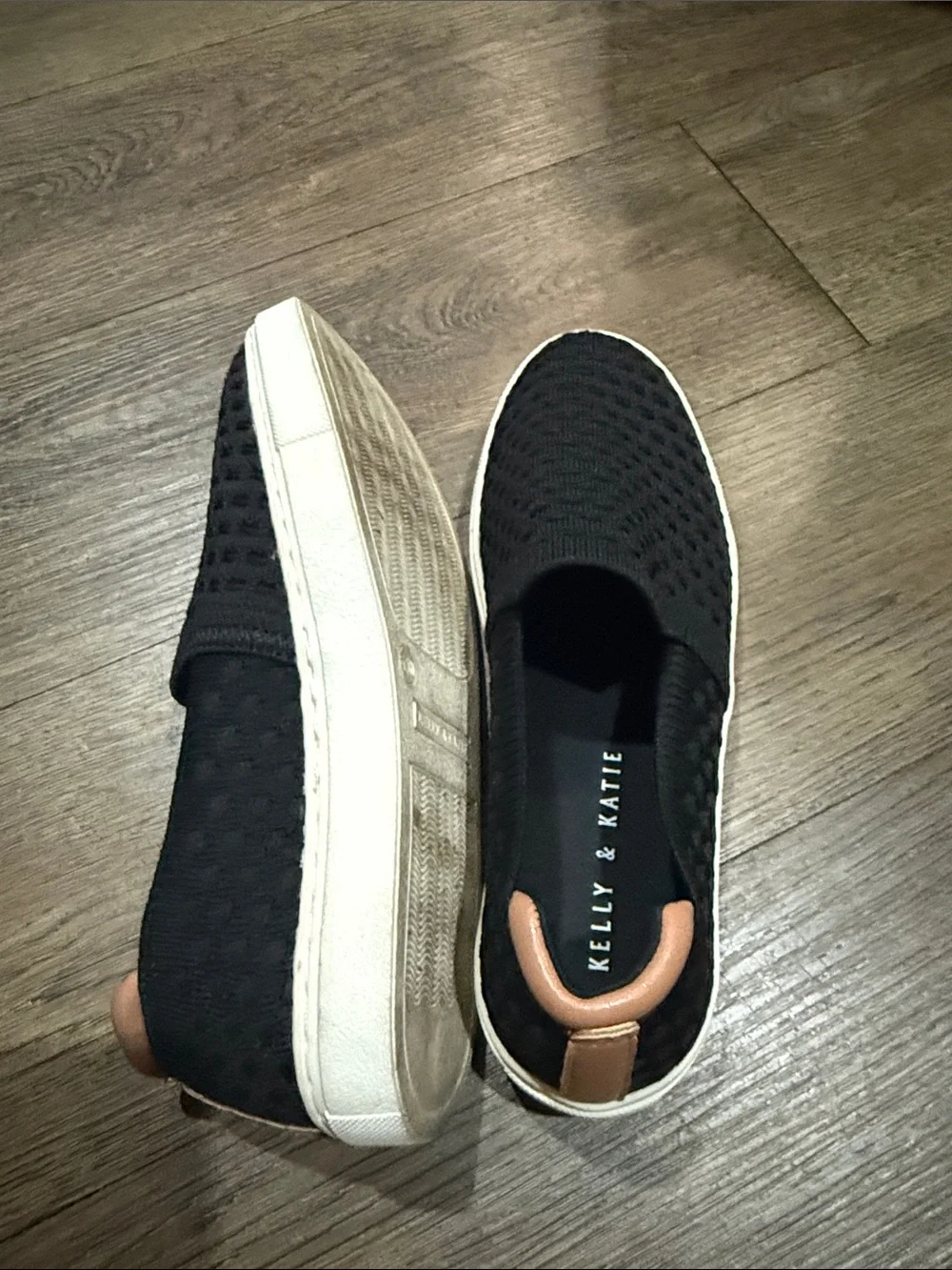 Kelly & Katie Black Knit Slip-On Sneakers with Tan Heel Tab